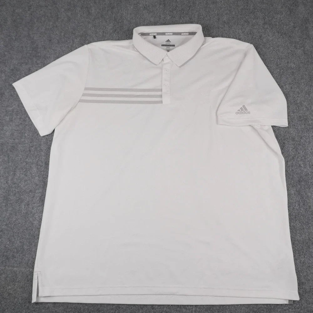 Adidas Golf Polo Shirt‎ Mens 2XL White Grey Stripe Performance Short Sleeve